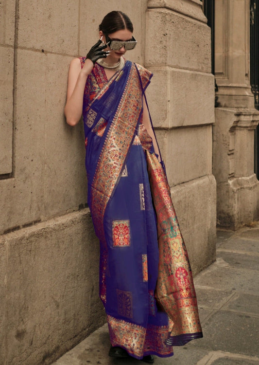 Pure handloom kashmiri silk embroidered royal blue saree online india usa uk uae.