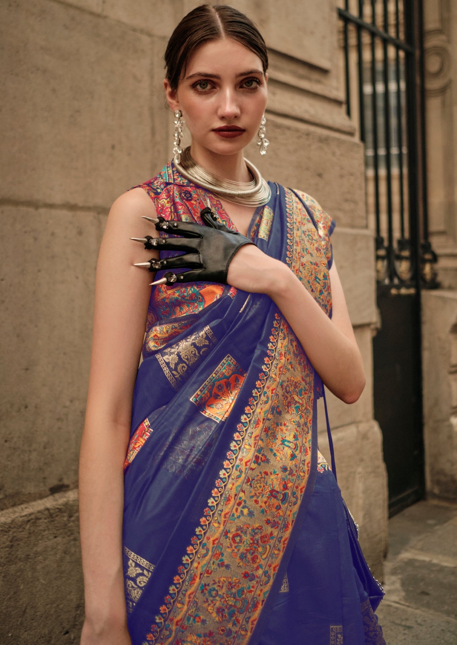 Pure handloom kashmiri silk embroidered royal blue saree online.