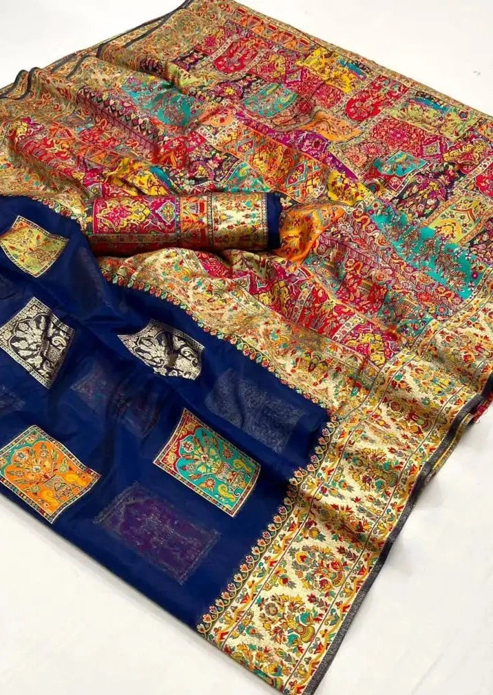 Pure handloom kashmiri silk embroidered royal blue saree usa uk uae online.