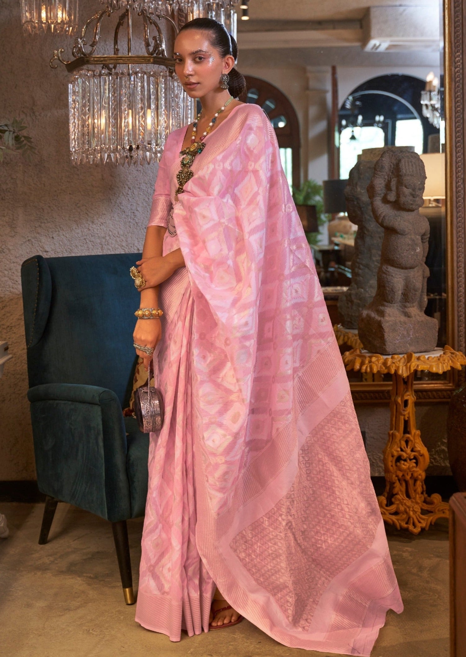 Pure handloom banarasi linen baby pink saree online shopping designs india usa uk.