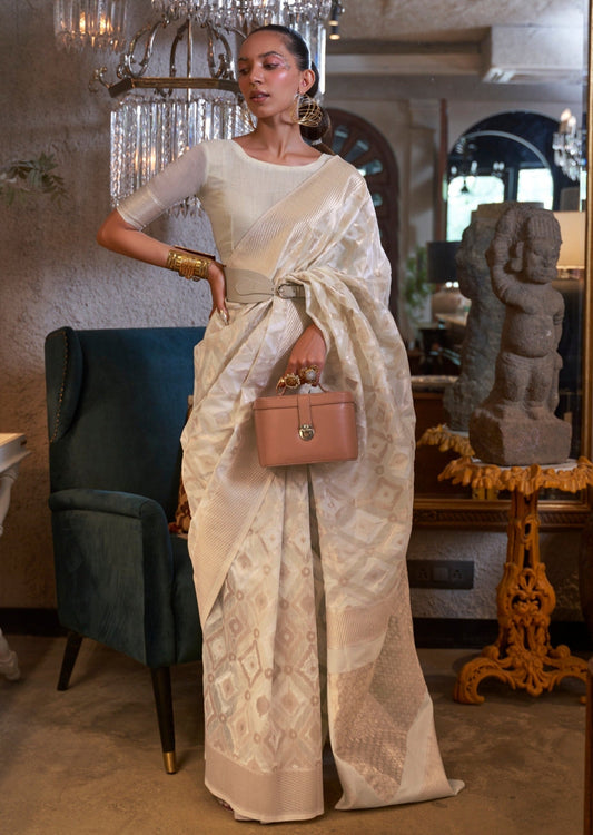 Pure handloom banarasi linen off white saree online shopping india usa uk.