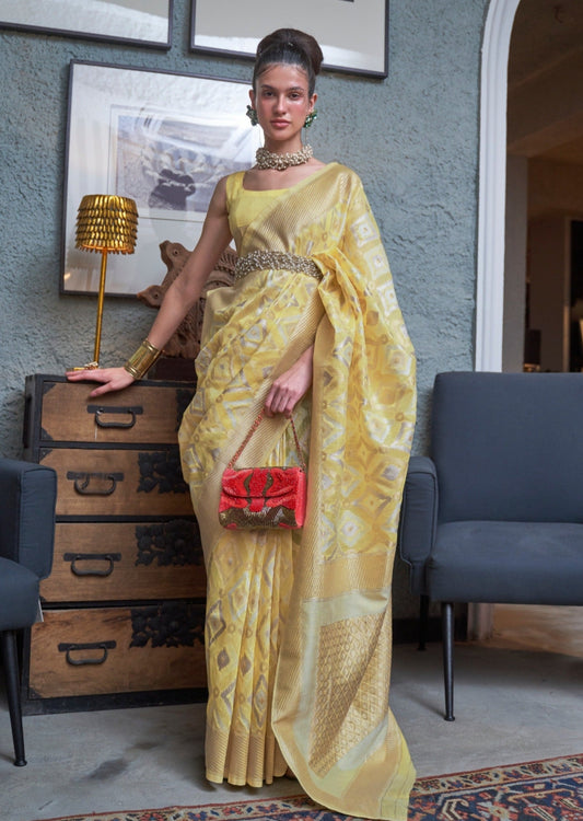 Pure handloom banarasi linen yellow saree online shopping with price.
