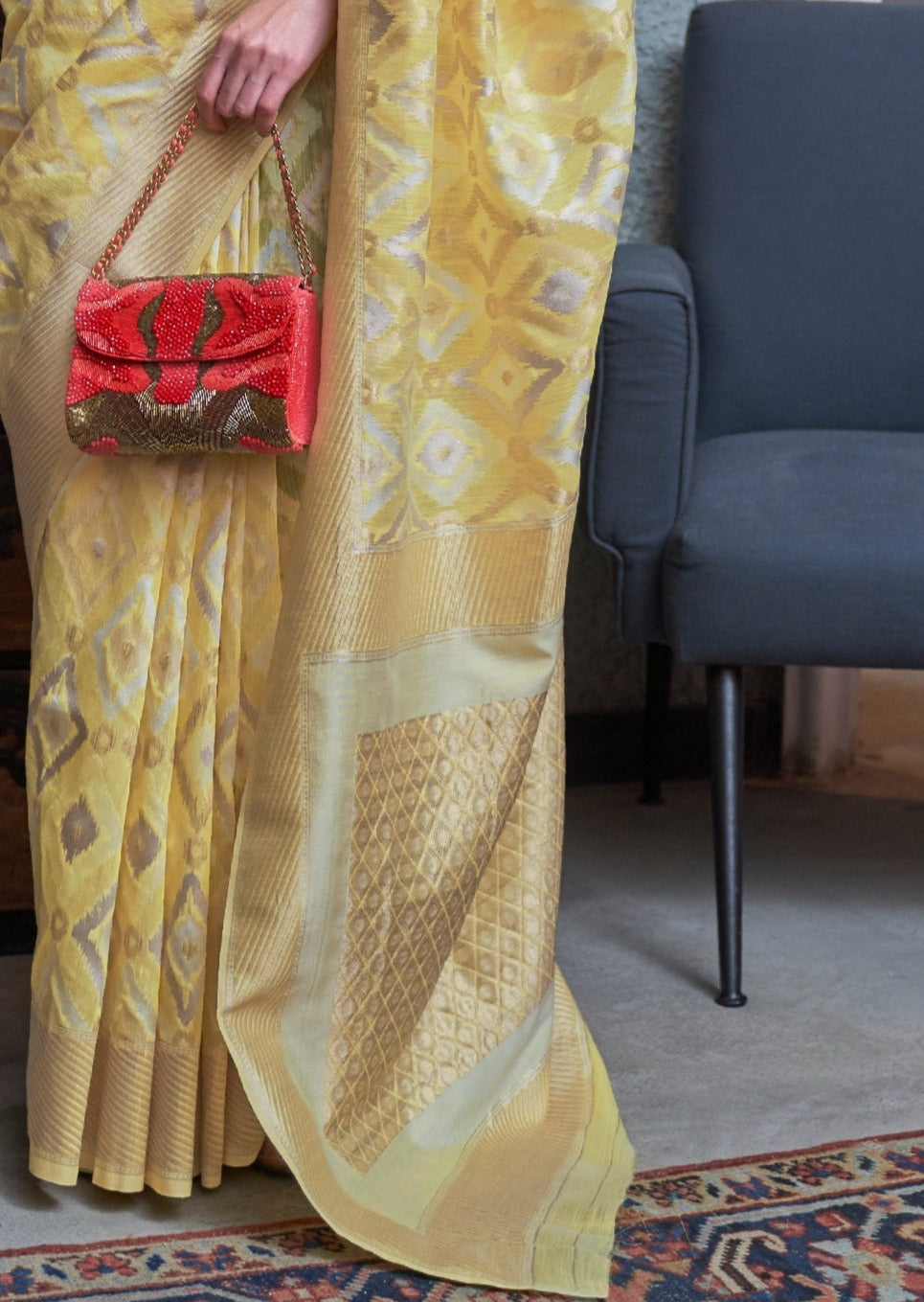 Pure handloom banarasi linen yellow saree online designs usa india with price.