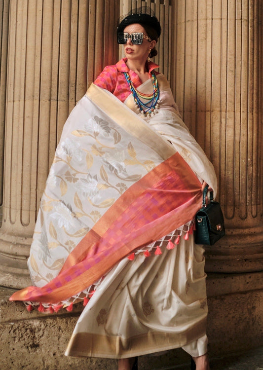 Pure handloom off white kanjivaram silk saree online price india usa uk uae dubai.