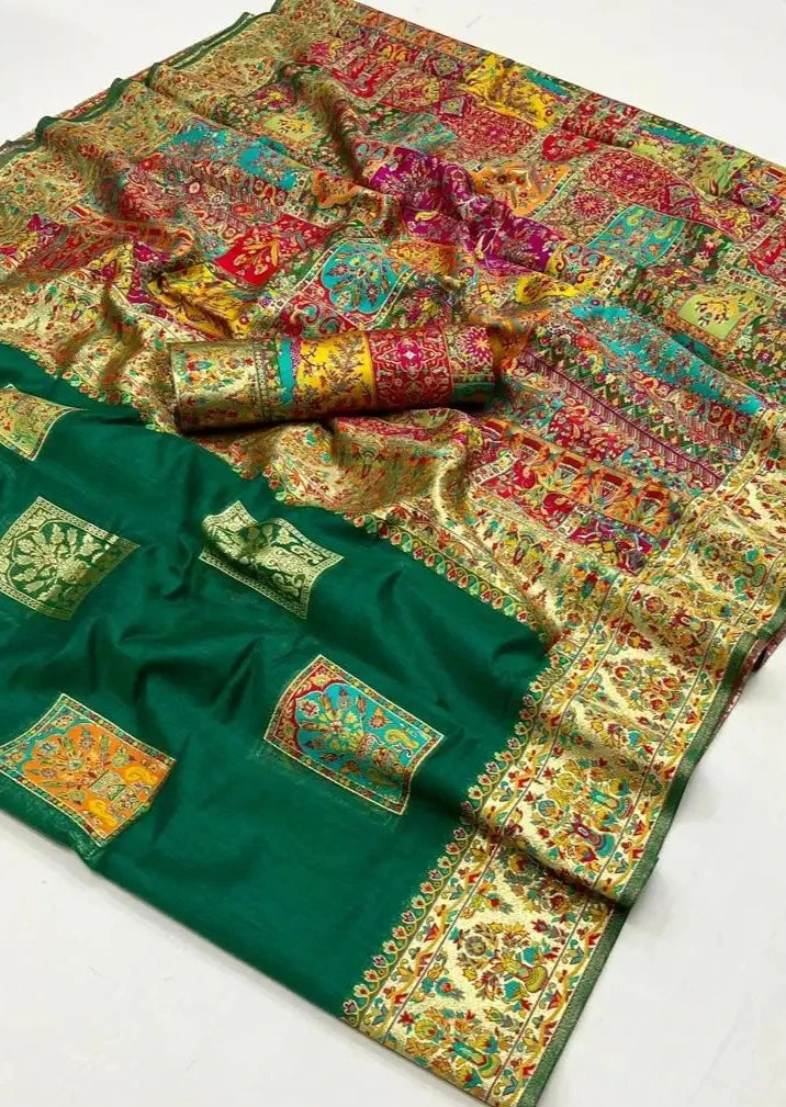 Pure handloom original kashmiri silk embroidered dark green saree usa.