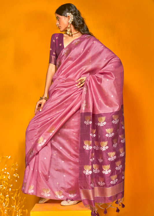 Pure Handloom Pink Tussar Silk Saree in Two Tone