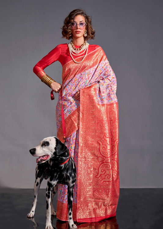 Pure handloom silk kashmiri banarasi fusion embroidered pastel pink saree.