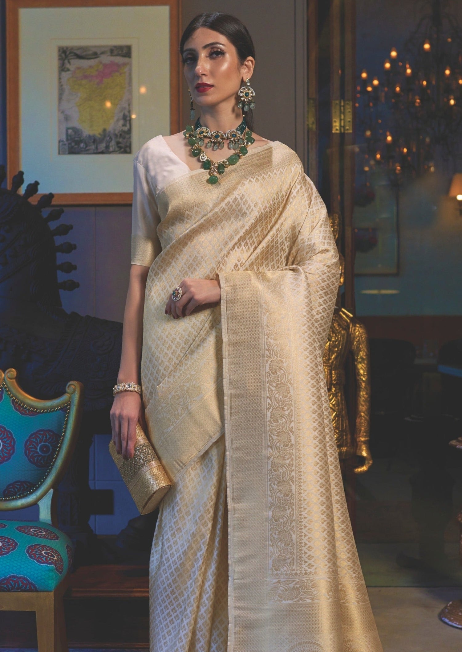 Pure handloom silk off white kanjivaram saree online shopping.