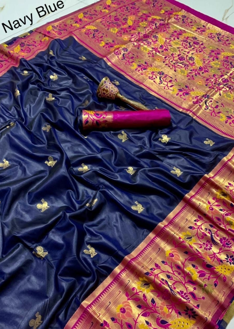 Pure handloom silk peacock border paithani blue saree blouse designs online usa.