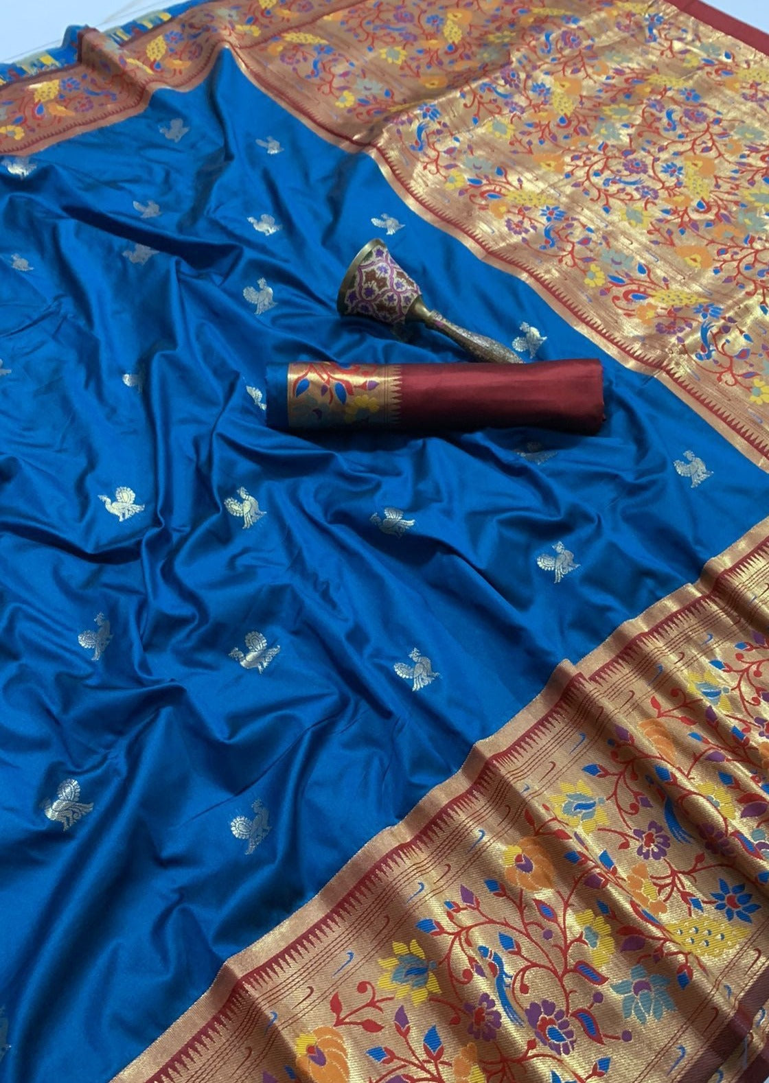Pure handloom silk peacock paithani cyan blue saree blouse designs online shopping usa.