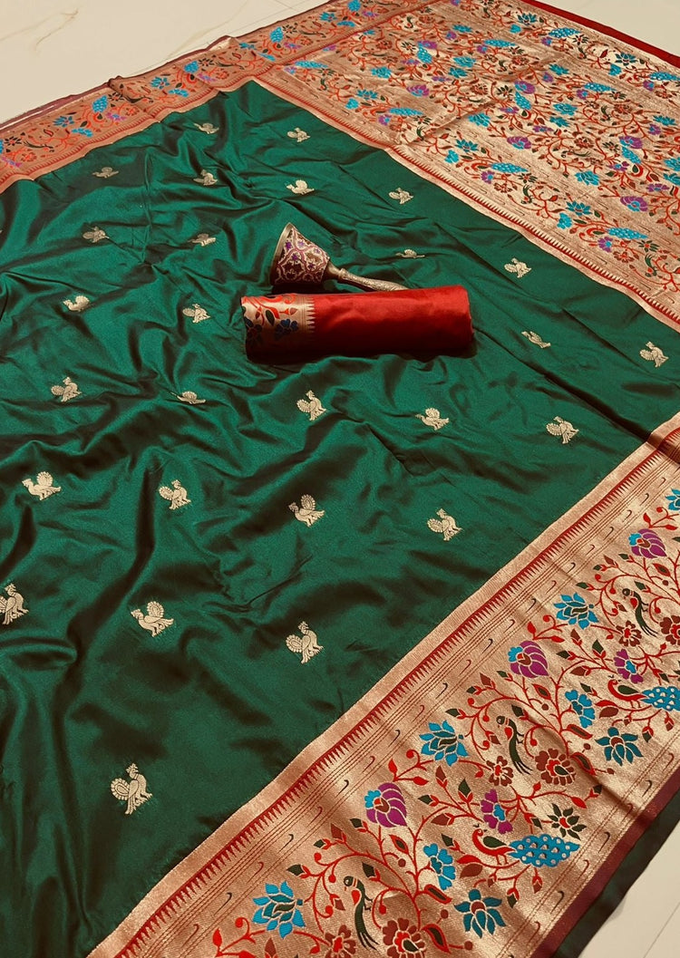 Pure handloom silk peacock paithani green saree blouse designs online shopping uk.