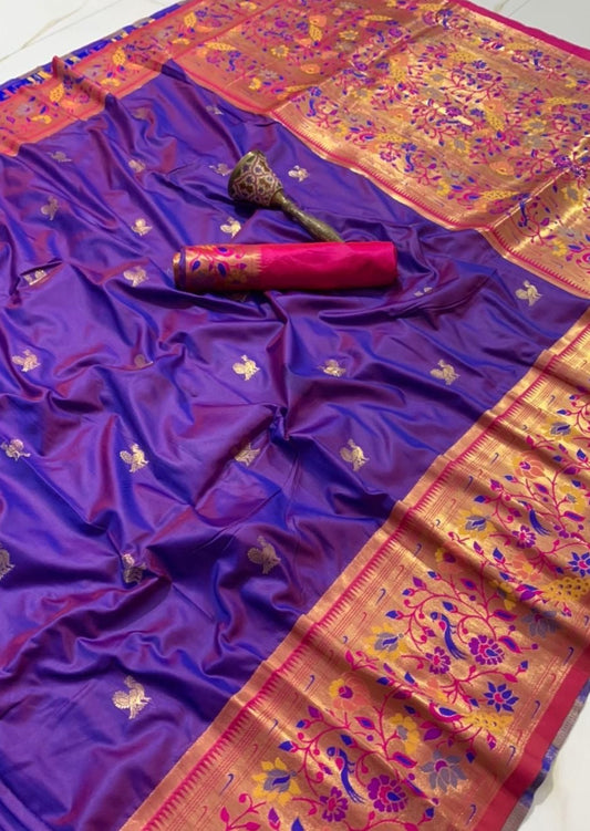 Pure handloom silk peacock paithani purple saree blouse designs online usa.