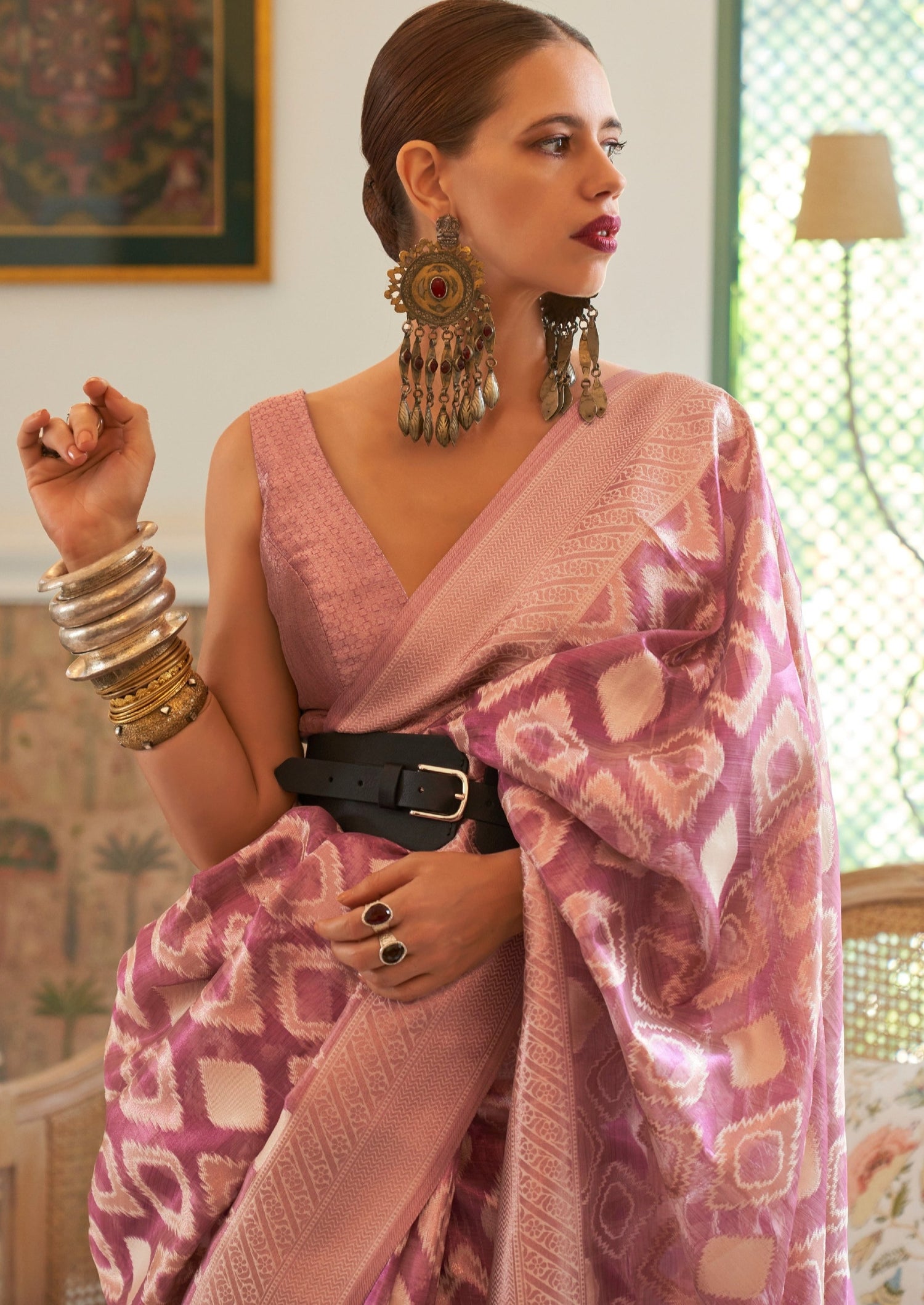 Bollywood actress Kalki Koechlin in Pure Handloom Tissue Pink Saree
