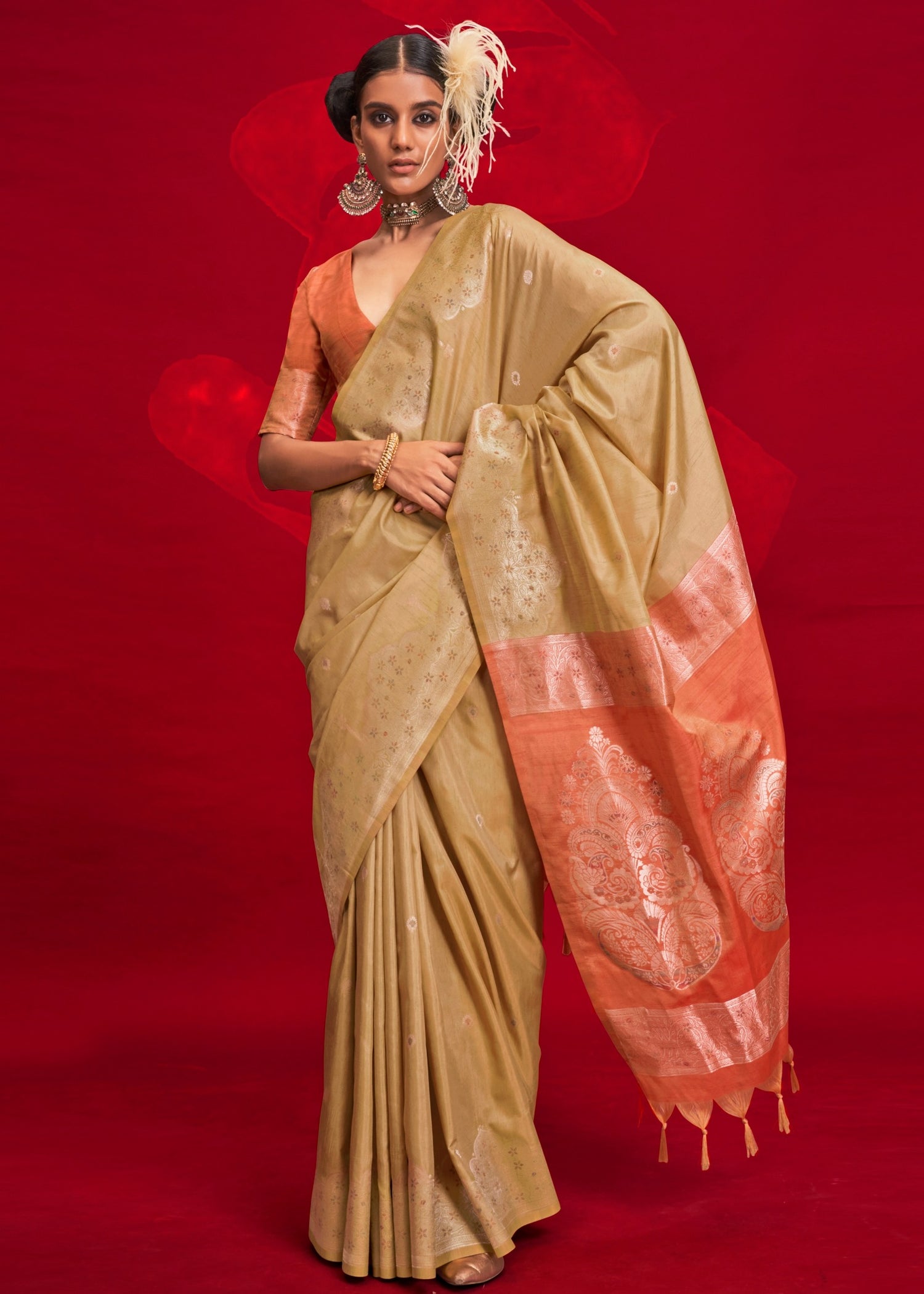 Pure handloom tussar silk beige saree with orange blouse for online shopping.