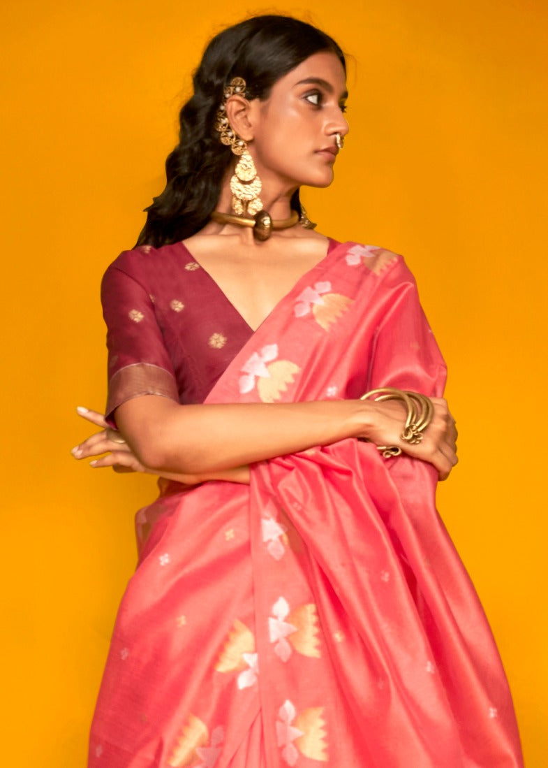 Sophisticated pure handloom tussar silk saree in rose pink colour with maroon blouse, exuding timeless beauty.