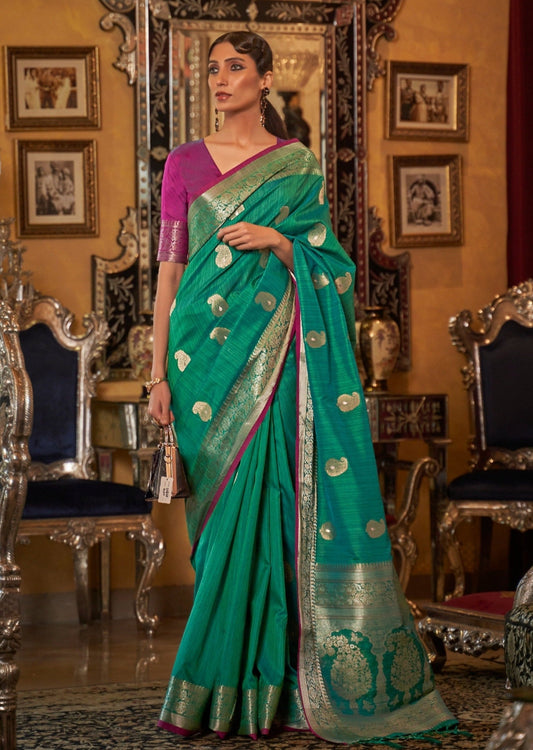 Pure handloom tussar silk emerald green saree online usa.