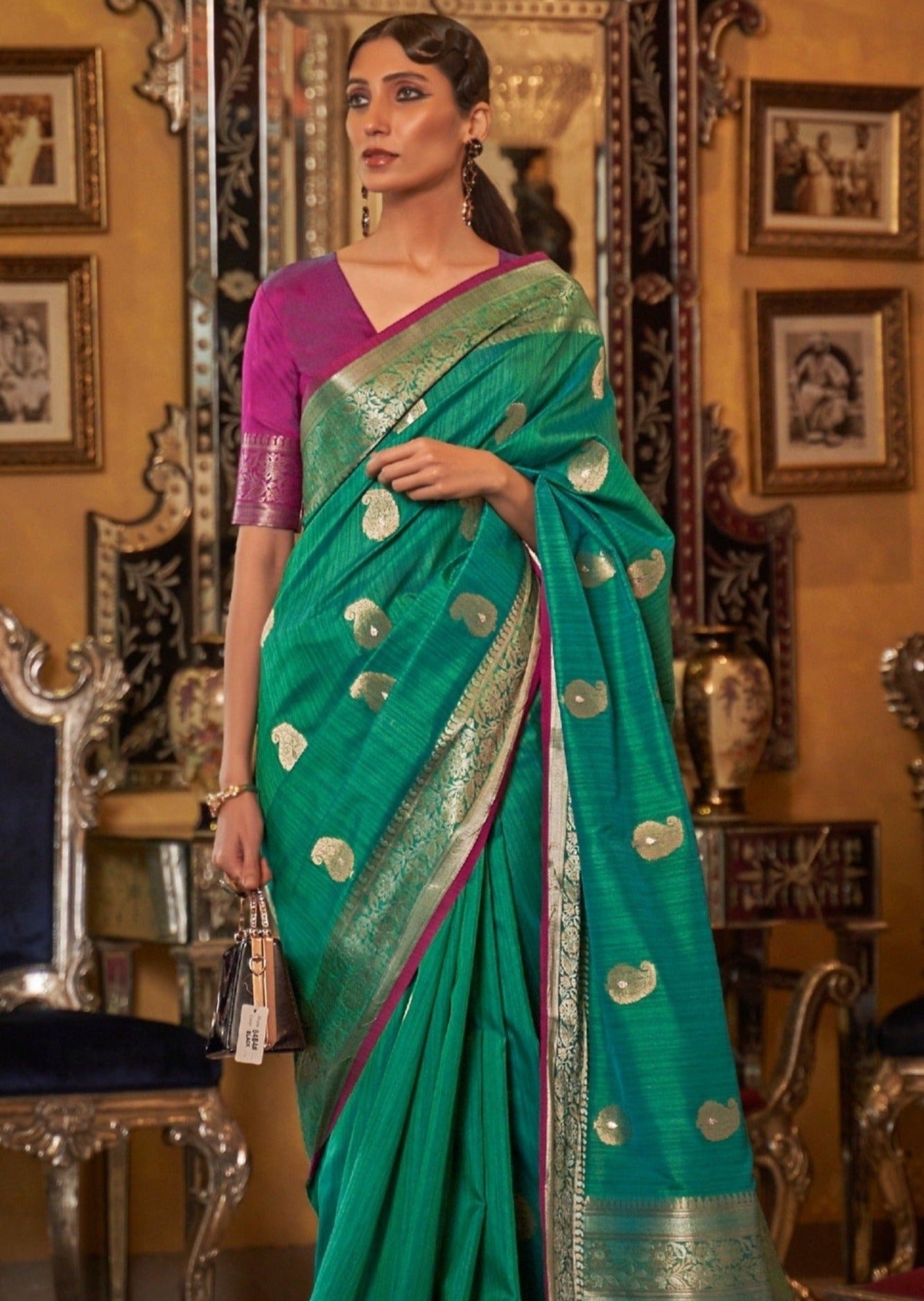 Pure handloom tussar silk green saree online usa.
