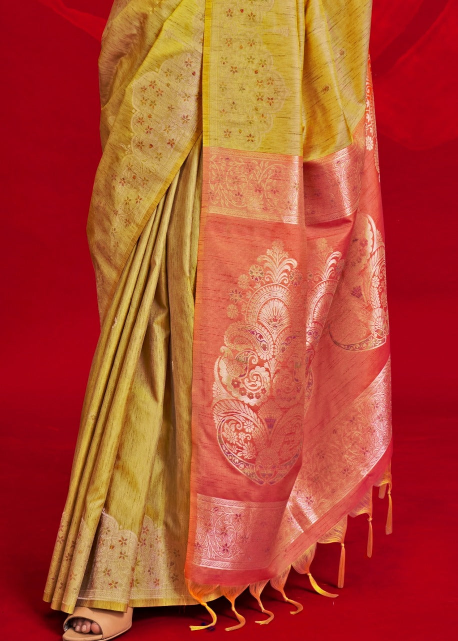 Elegant pure handloom tussar silk yellow saree with orange blouse – traditional indian wedding & festive wear.