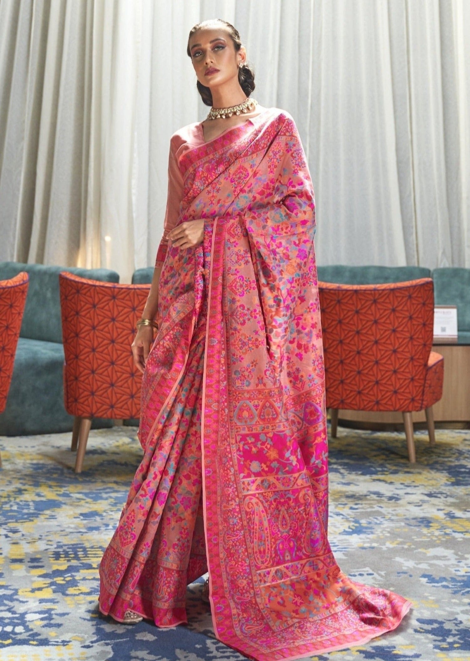 Pure handloom kashmiri silk pink tanchoi saree online india uk.