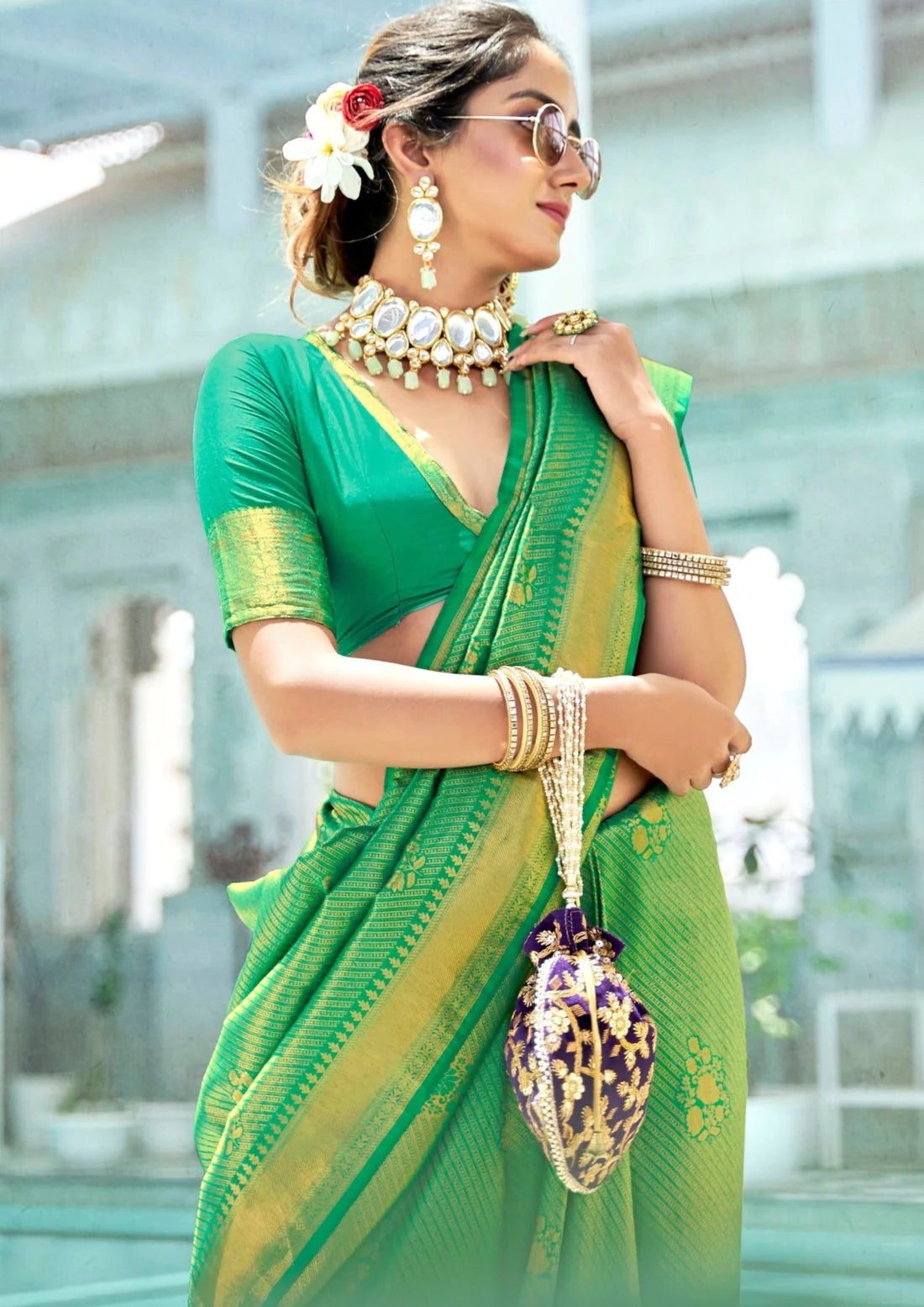 Emerald Green Saree In Satin Embellished With Scattered Green And Silver  Kundan Along The Border And Unstitched Blouse