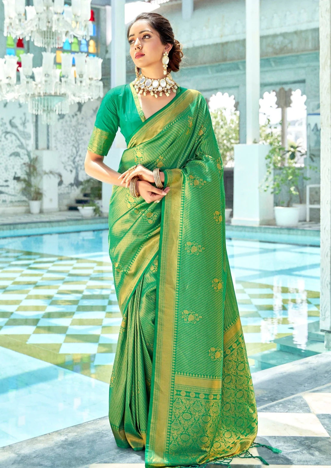 Pure kanjivaram silk emerald green bridal saree online shopping with price for bride india.