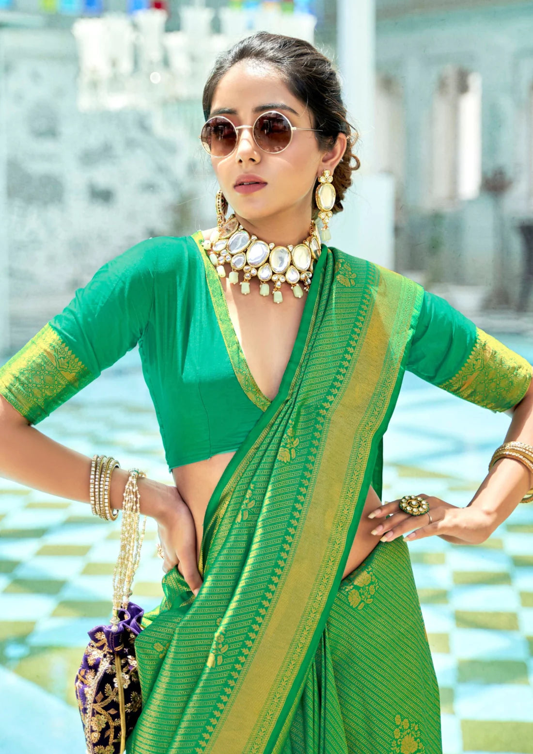 Pure kanjivaram silk emerald green bridal wedding saree online shopping price range.