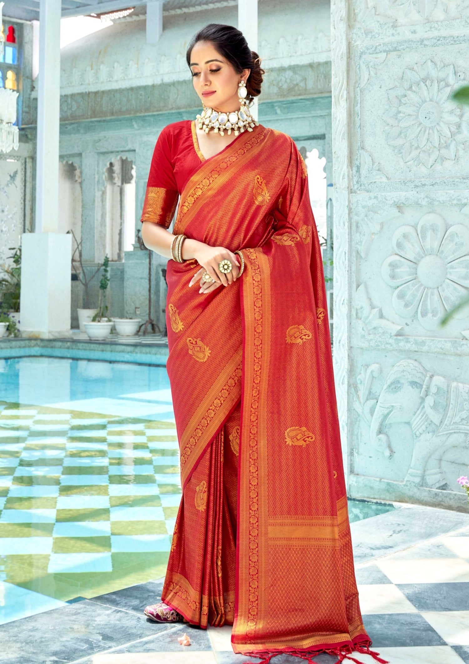 Brandy Grey and Red Woven Kanjivaram Silk Saree – MySilkLove