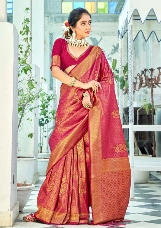 Pure kanjivaram silk red handloom sarees online shopping price for bride wedding india.