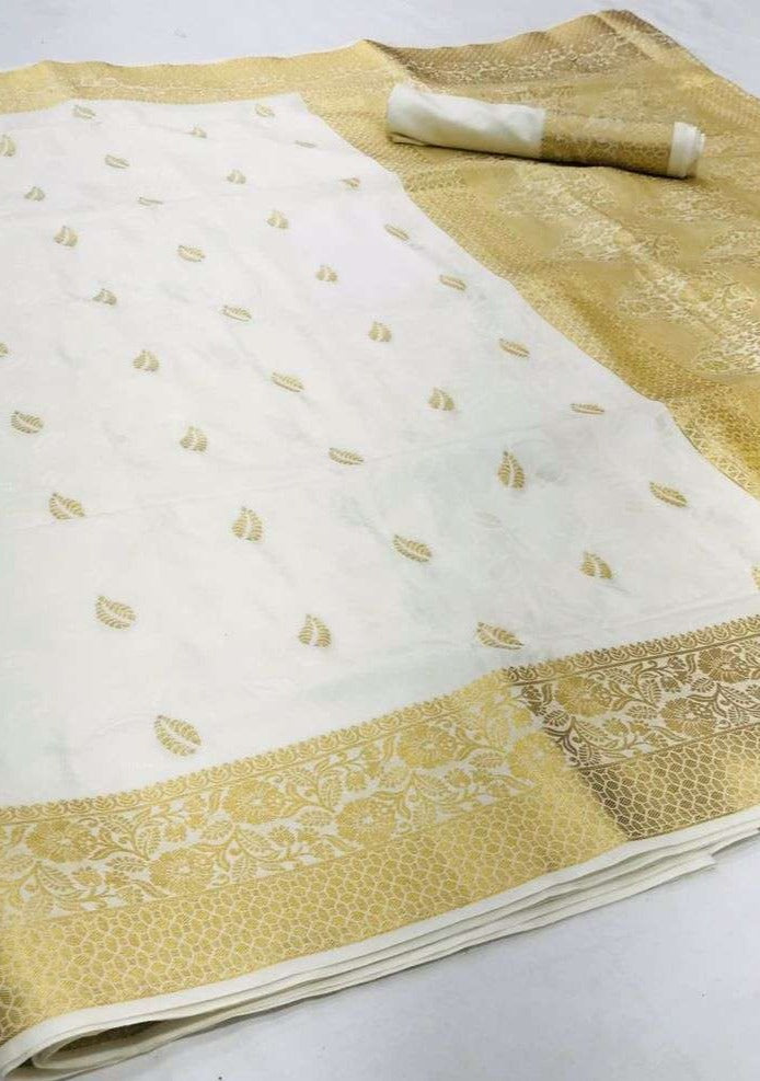 Pure kanjivaram silk white handloom saree with golden zari border online.