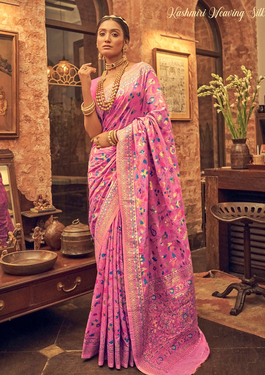 Pure kashmiri jamawar silk light pink pashmina saree online.