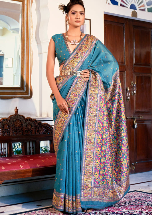 Pure kashmiri pashmina silk embroidered blue handloom saree online shopping for wedding.