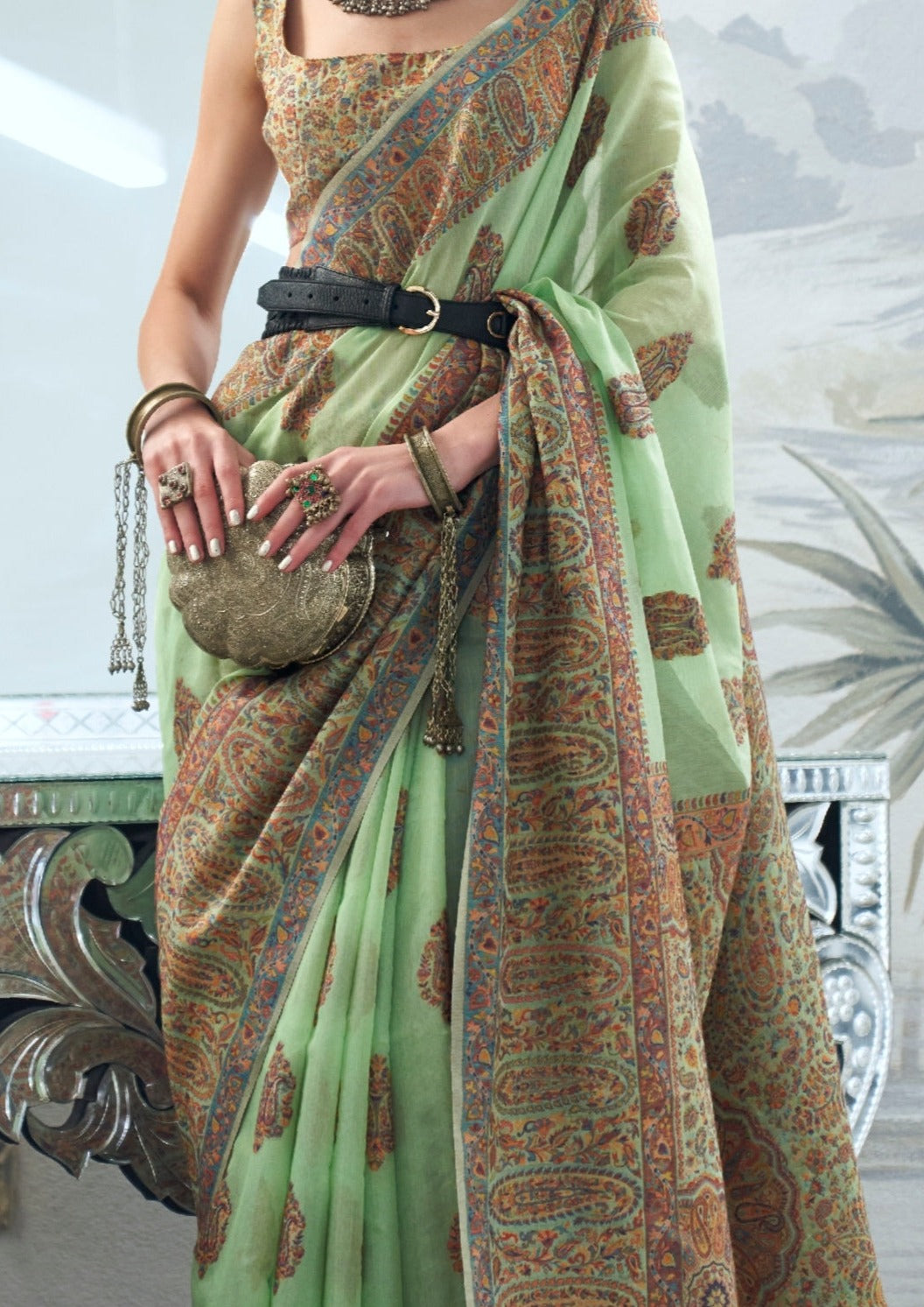 Pure kashmiri silk handloom light green kani embroidery saree blouse design online shopping.