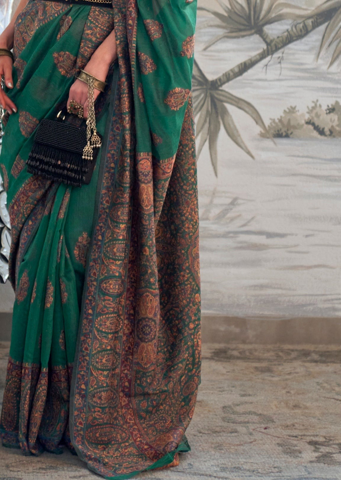 Green kashmiri silk saree design online.