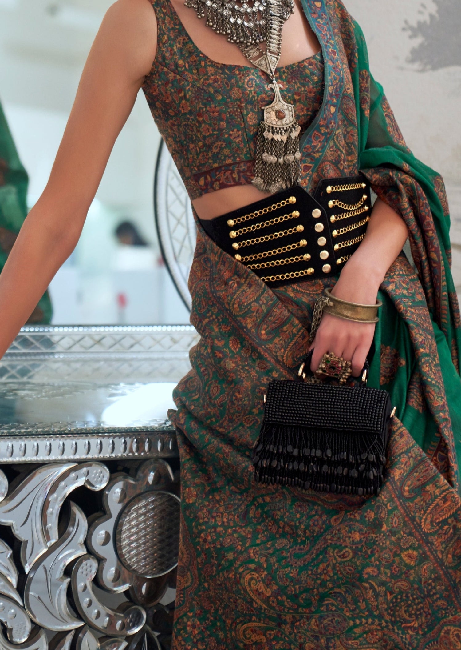 Green pure kashmiri silk handloom saree blouse designs online.