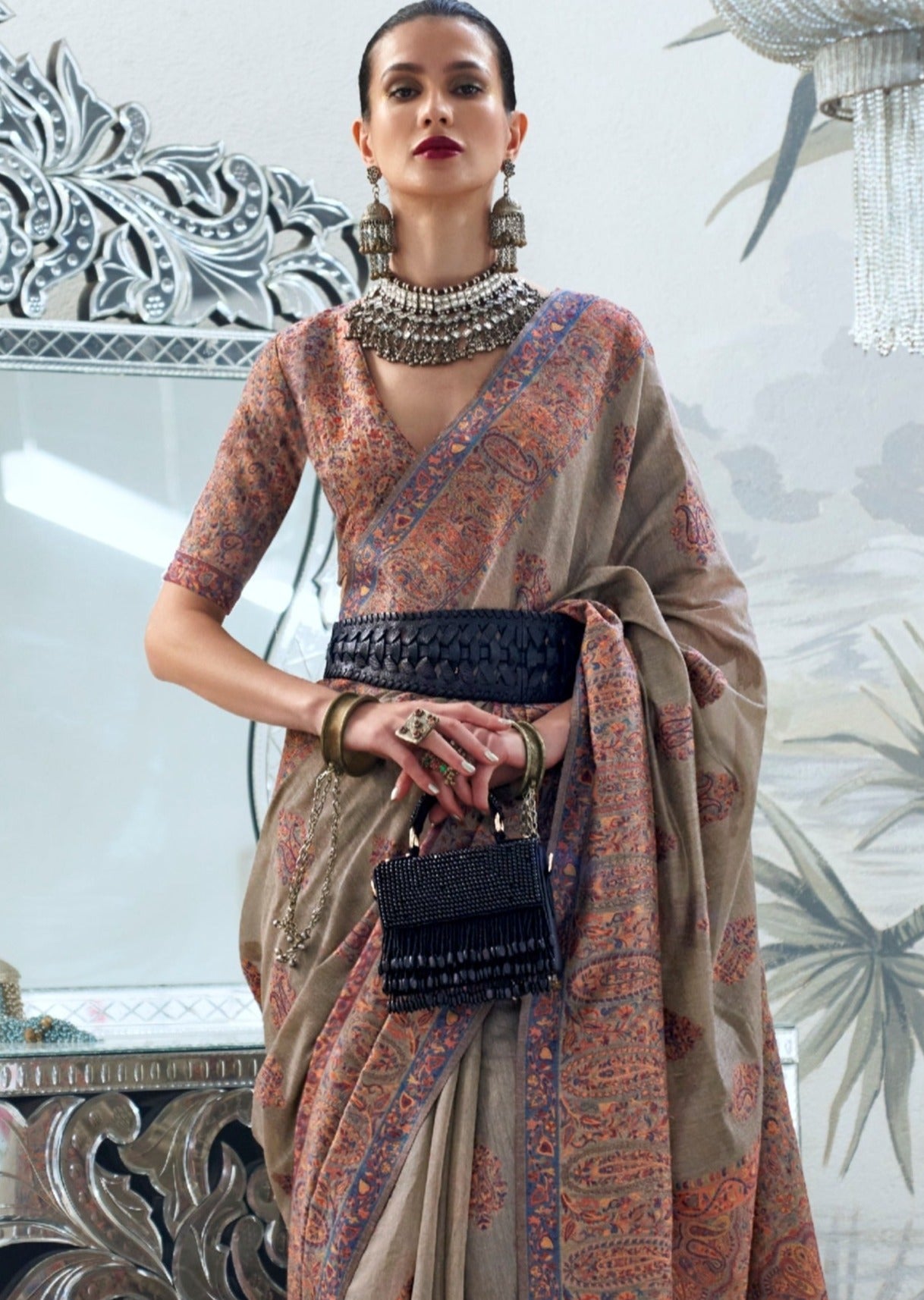 Pure handloom kashmiri silk grey beige saree blouse design online.