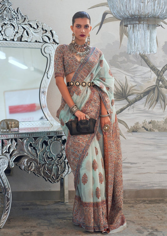 Woman in light blue kashmiri silk bridal handloom saree blouse.