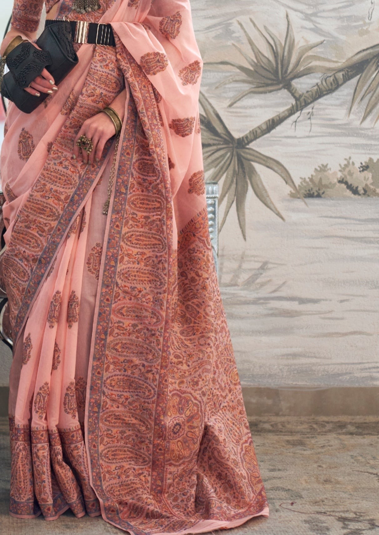 Pure kashmiri silk handloom peach saree design.