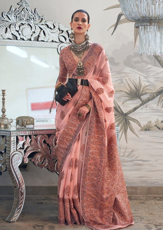 Pure kashmiri silk embroidery work handloom saree blouse in peach color.