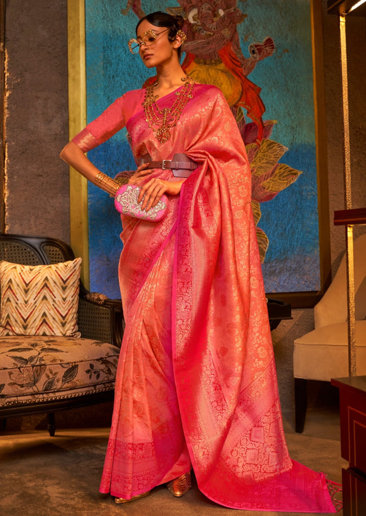 Pure katan banarasi silk handloom orange saree online india usa uk uae.