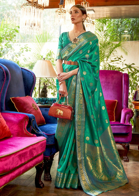 Bride in pure katan silk green banarasi handloom saree online.