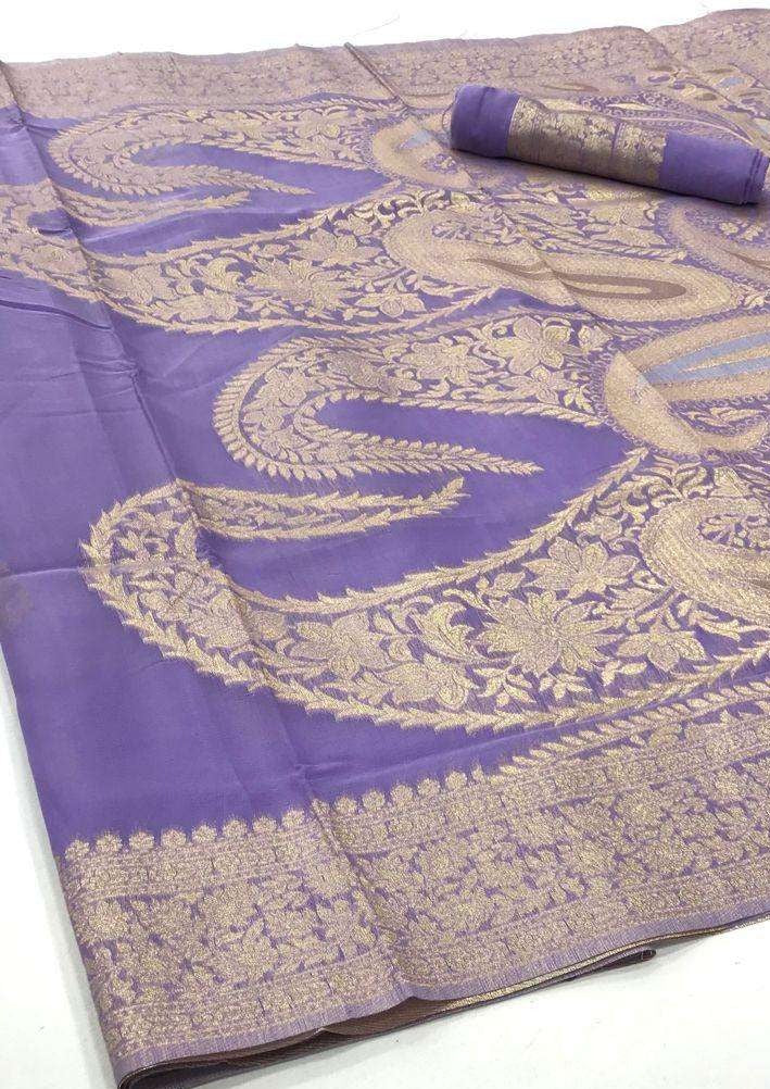 Pure linen handloom banarasi zari saree in lavender purple color online designs collection for summer wedding.