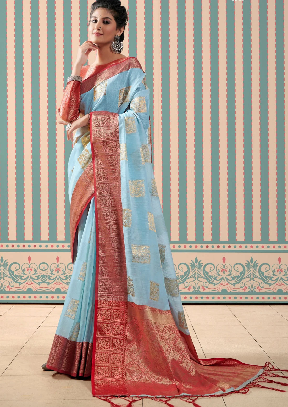 Pure linen handloom sky blue saree online shopping for wedding india usa.