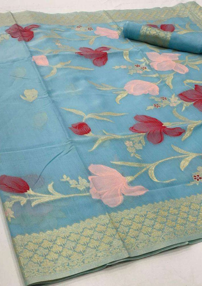 Pure linen pastel blue saree with zari border online price for summer wedding.