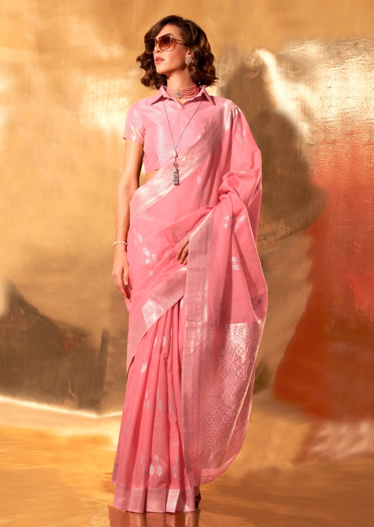 Pure handloom banarasi linen silk rose pink saree blouse online shopping designs with price india usa uk.