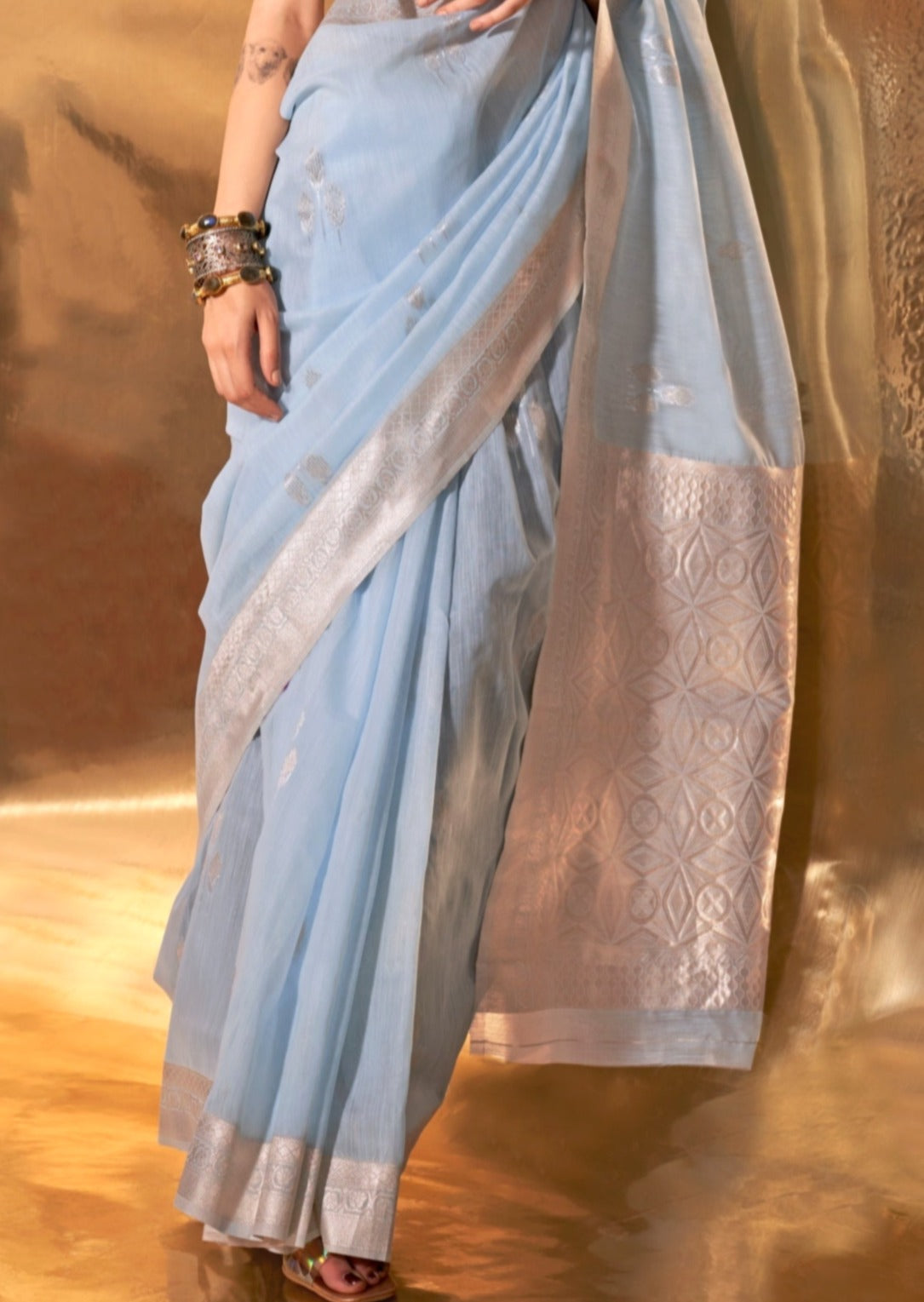 Pure banarasi linen silk handloom saree with zari border in light blue color online shopping india uk.