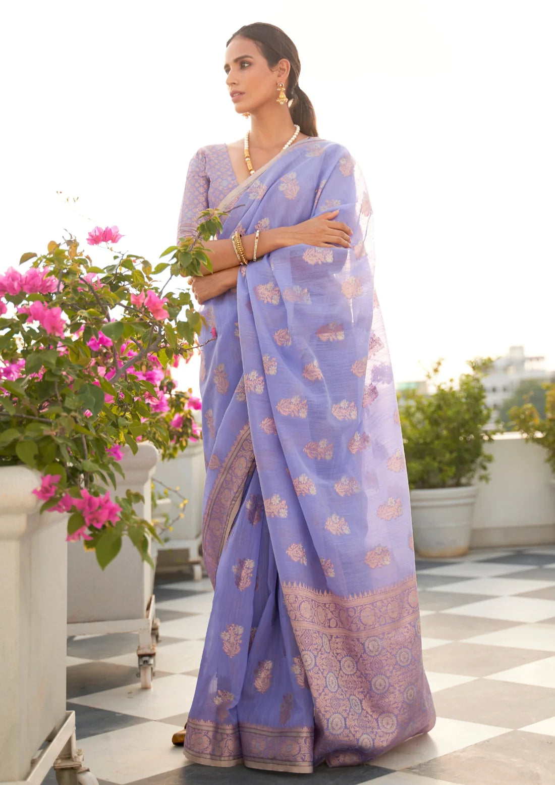 Pure linen zari work handloom purple saree online shopping usa.