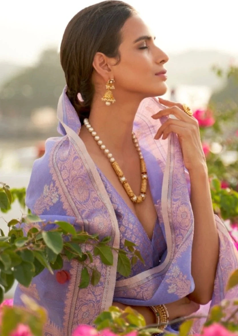 Pure linen zari work handloom purple saree online usa price.