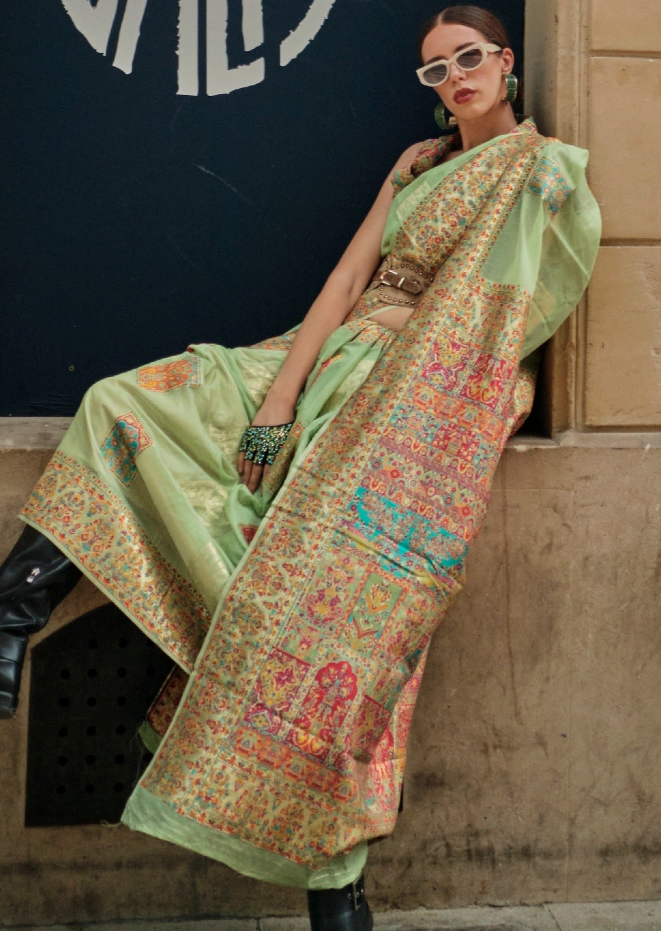 Pure luxury handloom kashmiri silk embroidered light green saree online.