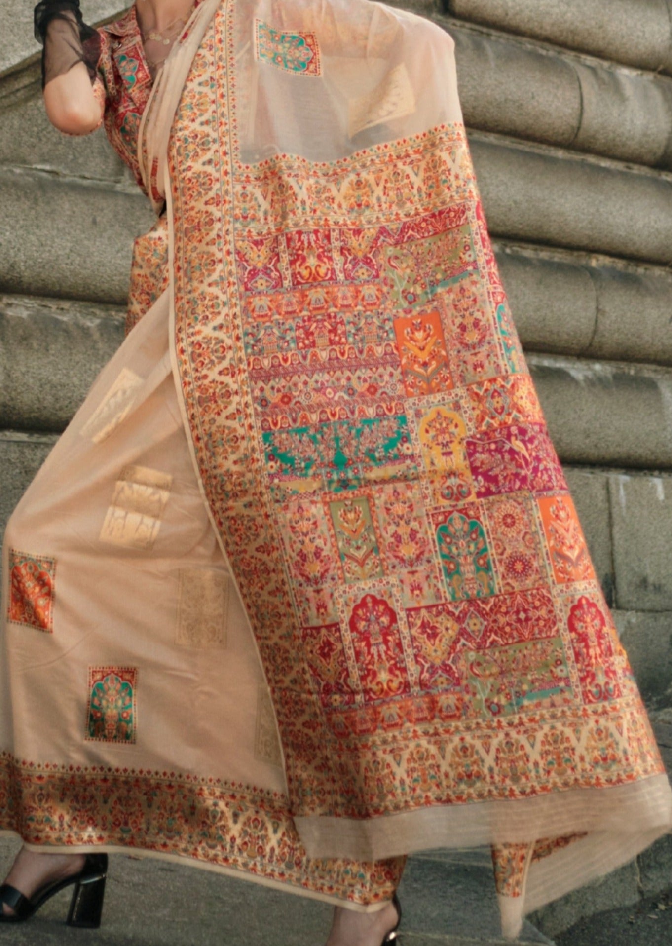 Pure luxury handloom kashmiri silk embroidered off white saree online brands.