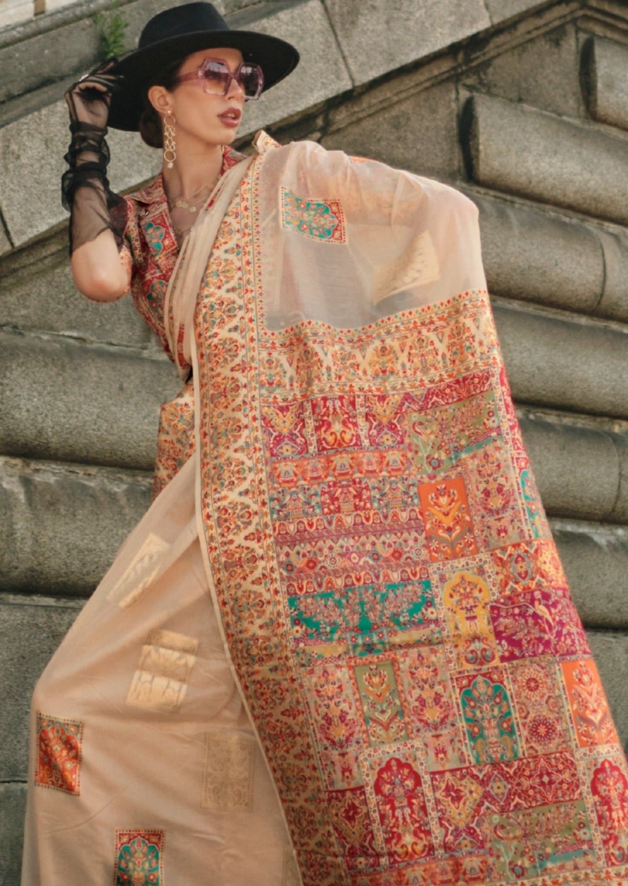 Pure Handloom Kashmiri Silk Embroidered Off White Saree